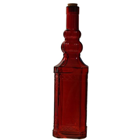 Vtg Ruby Red Glass Decanter w/Cork Stopper/Raised Design Holiday Bottle/Vase - Picture 5 of 7